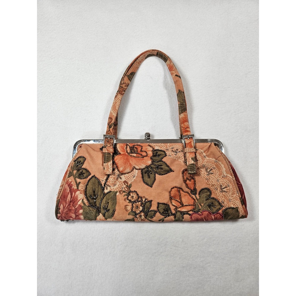 Floral Beaded Kiss Lock Frame Handbag Peach Coquette Evening Bag Vintage Style